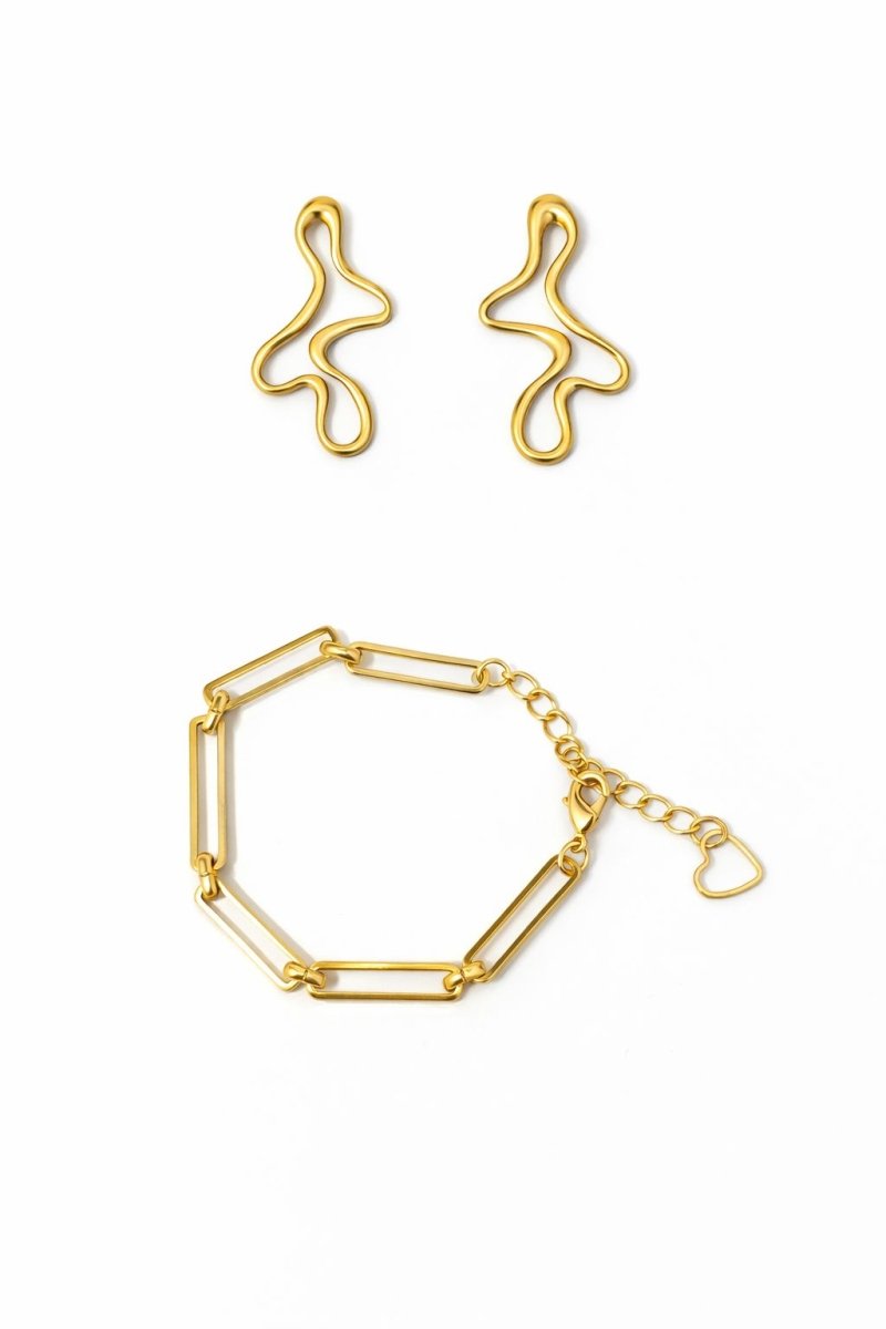 Brinco Organico Vazado e Pulseira Elo Dourado - Yarin Semijoias
