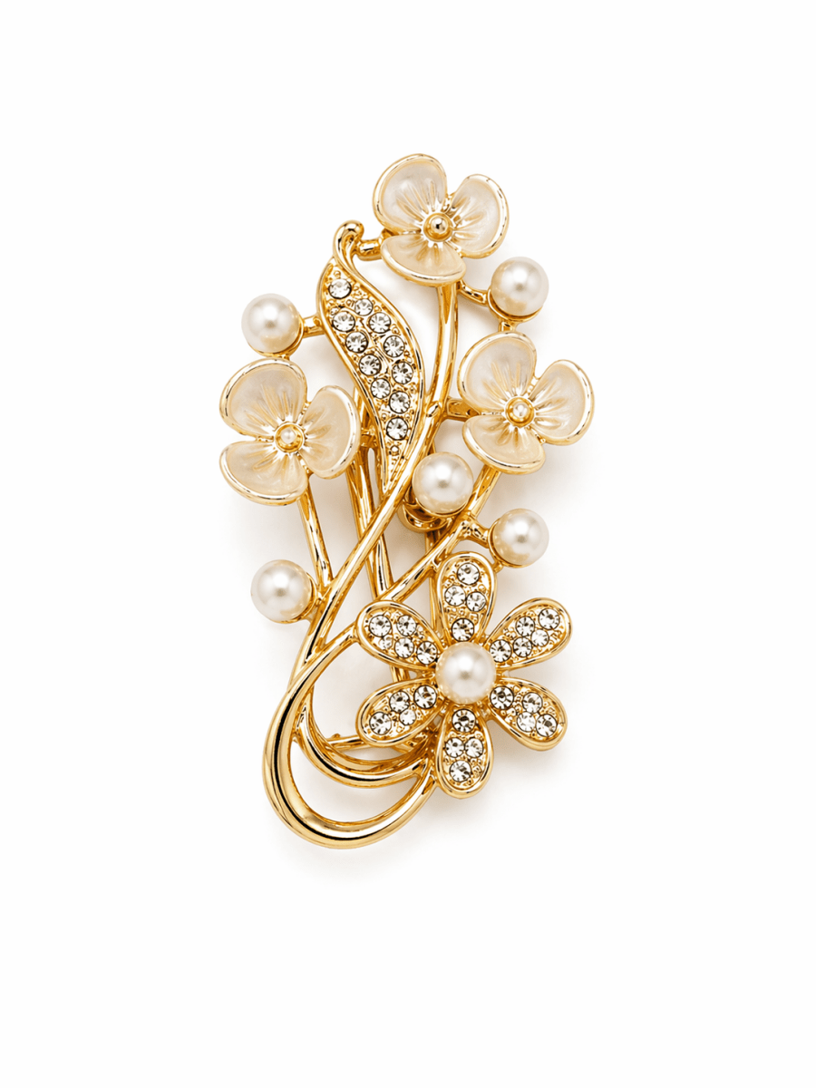 Broche Floral Dourado com Pérolas e Strass - Yarin Semijoias