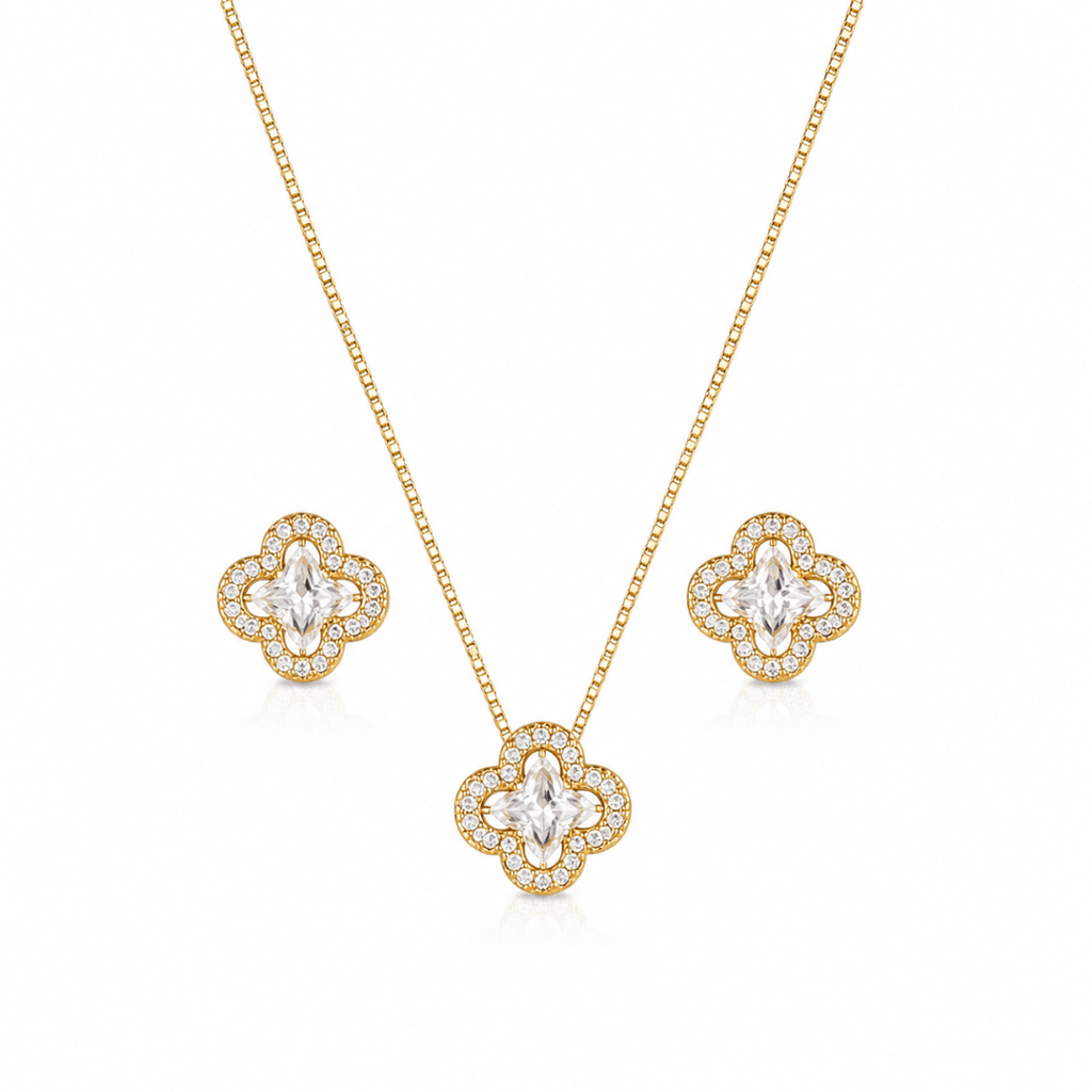 Conjunto Trevo de Zirconia Cristal - Yarin Semijoias