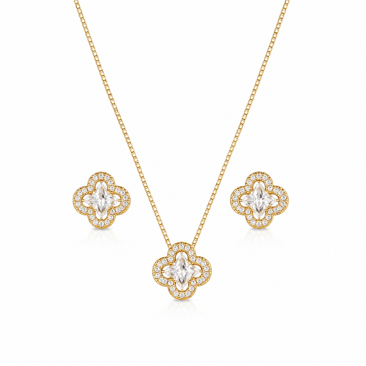 Conjunto Trevo de Zirconia Cristal - Yarin Semijoias