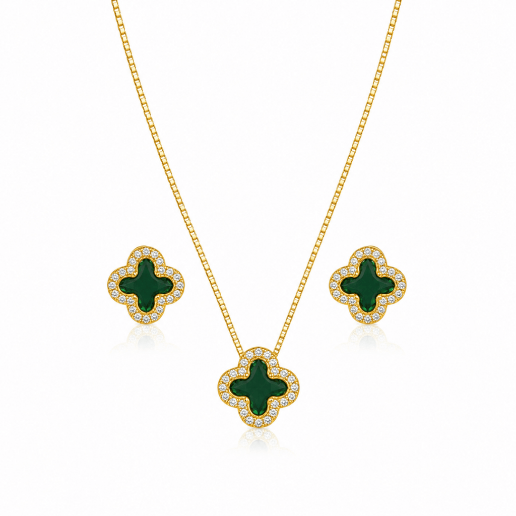 Conjunto Trevo de Zirconia Verde - Yarin Semijoias