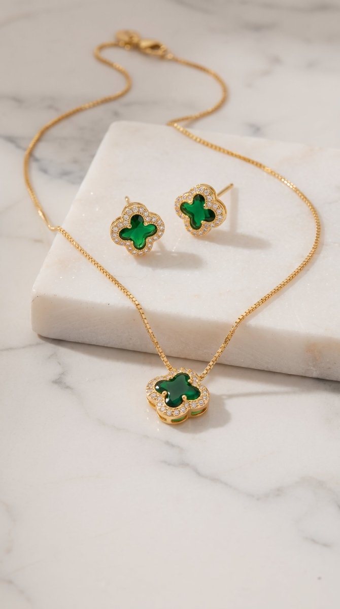 Conjunto Trevo de Zirconia Verde - Yarin Semijoias