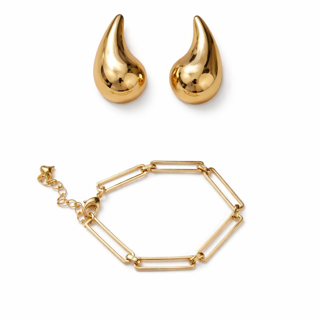 Kit Brinco de Gota e Pulseira Elo Dourada - Yarin Semijoias