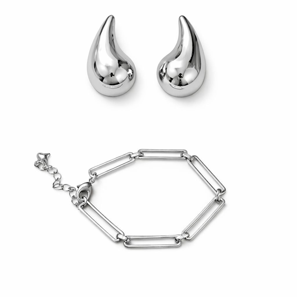 Kit Brinco Gota e Pulseira Elo Prateada - Yarin Semijoias