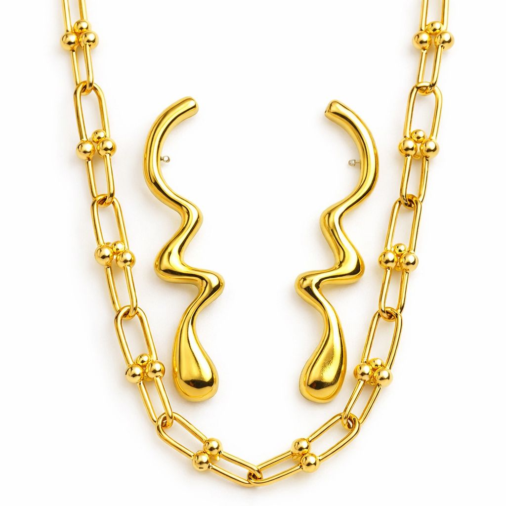 Kit Brinco Organico Longo e Choker Corrente Dourado - Yarin Semijoias