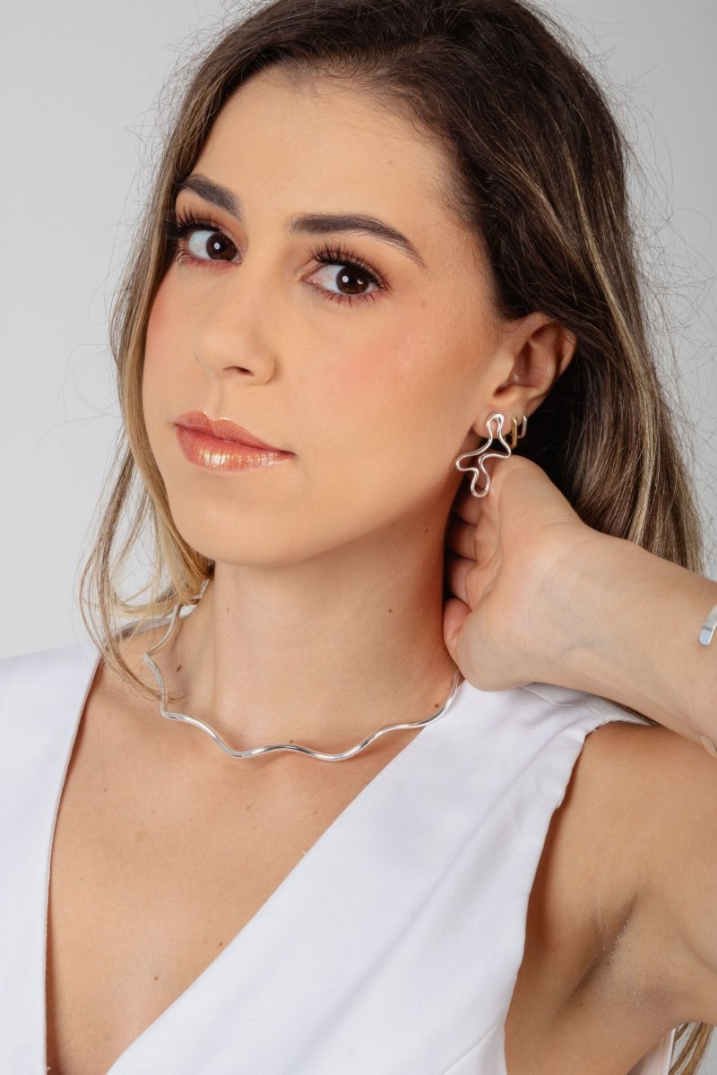 Kit Brinco Organico Vazado e Pulseira Baiano Prateada - Yarin Semijoias