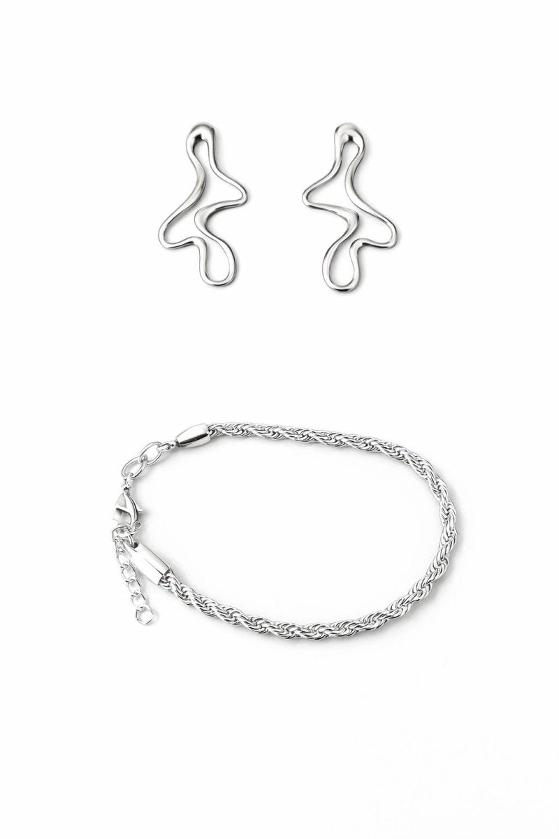 Kit Brinco Organico Vazado e Pulseira Baiano Prateada - Yarin Semijoias