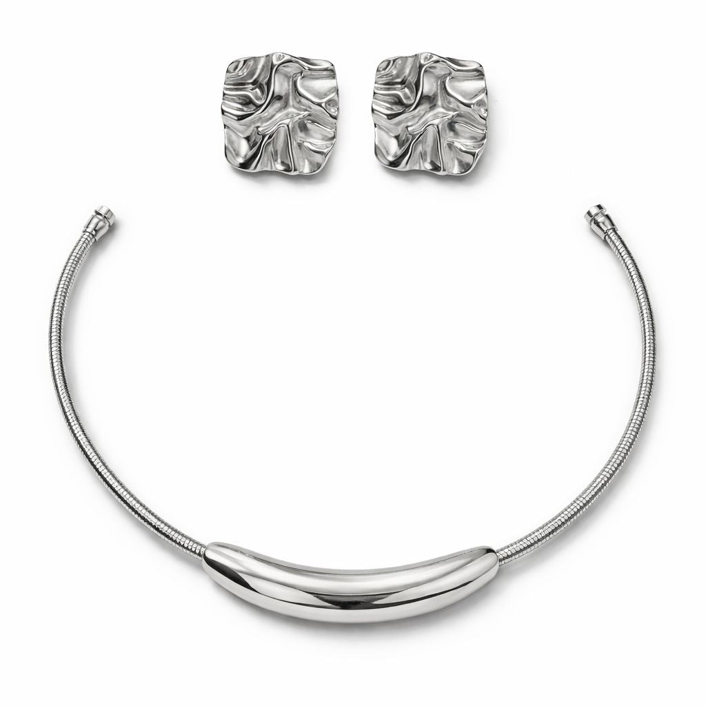 Kit Choker Ima e Brinco Organico Texturizado Prateado - Yarin Semijoias