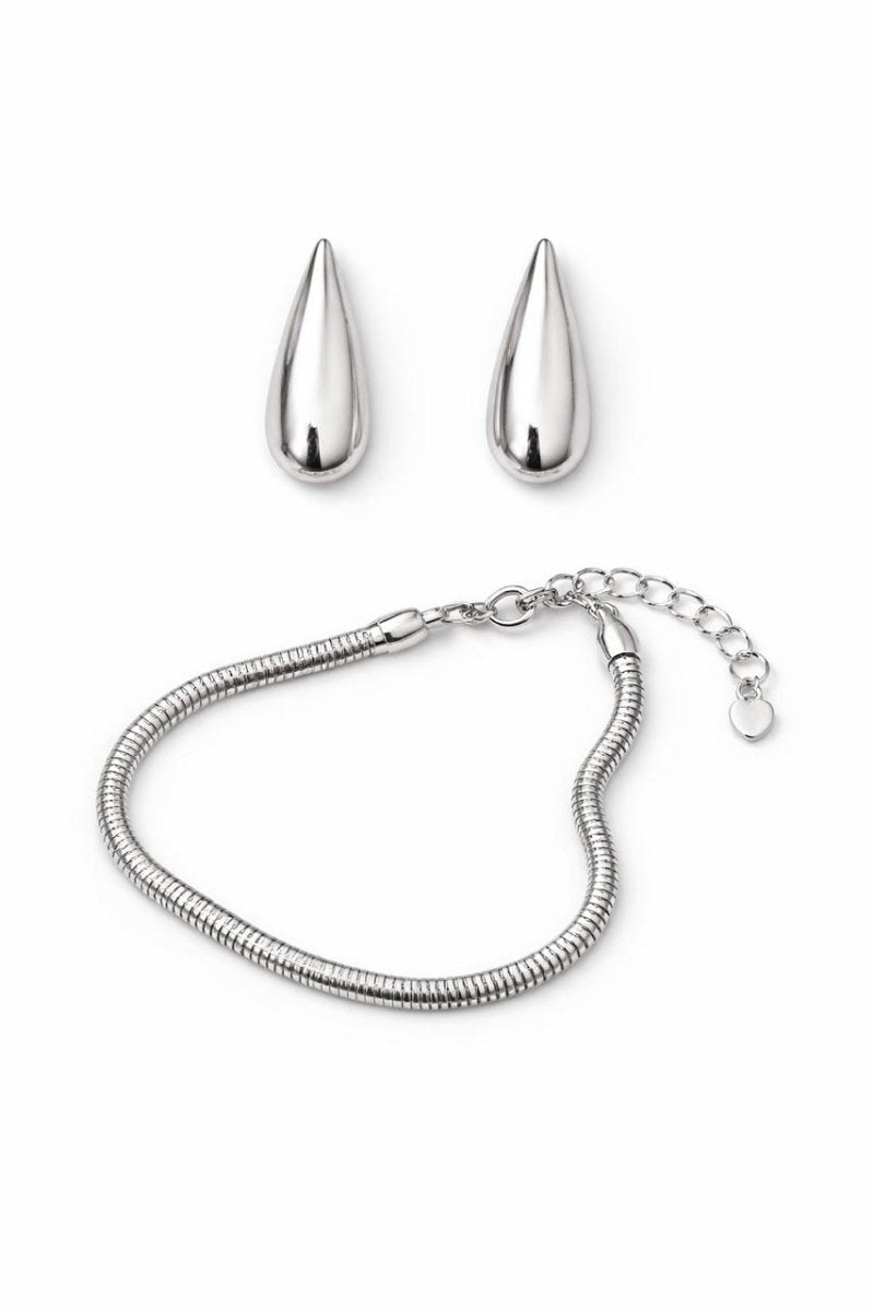 Kit Pulseira Snack e Brinco Gota Alongada Prateada - Yarin Semijoias